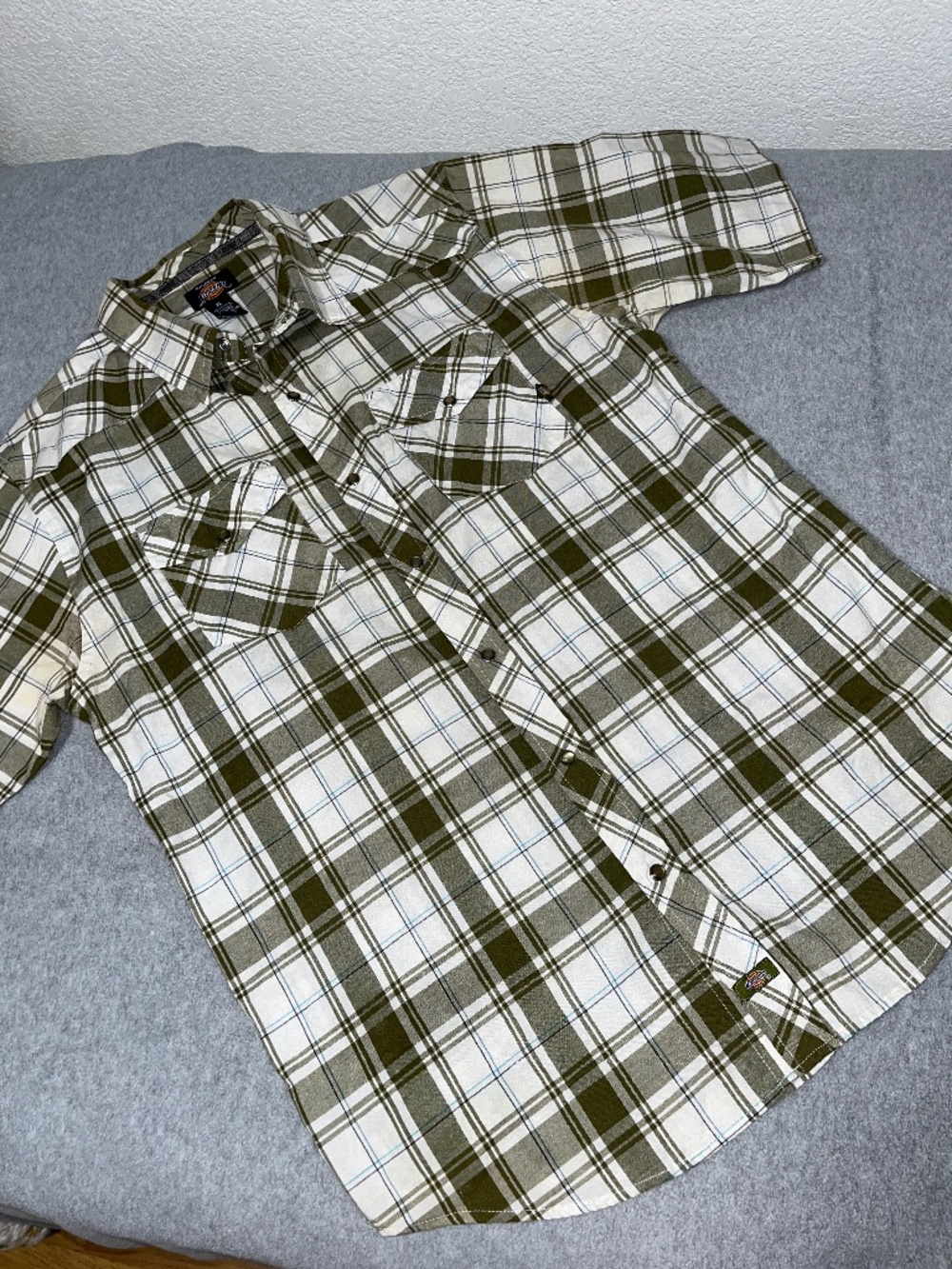 Mens Dickies Plaid Short Sleeve Snap Shirt XL Olive White Western Country